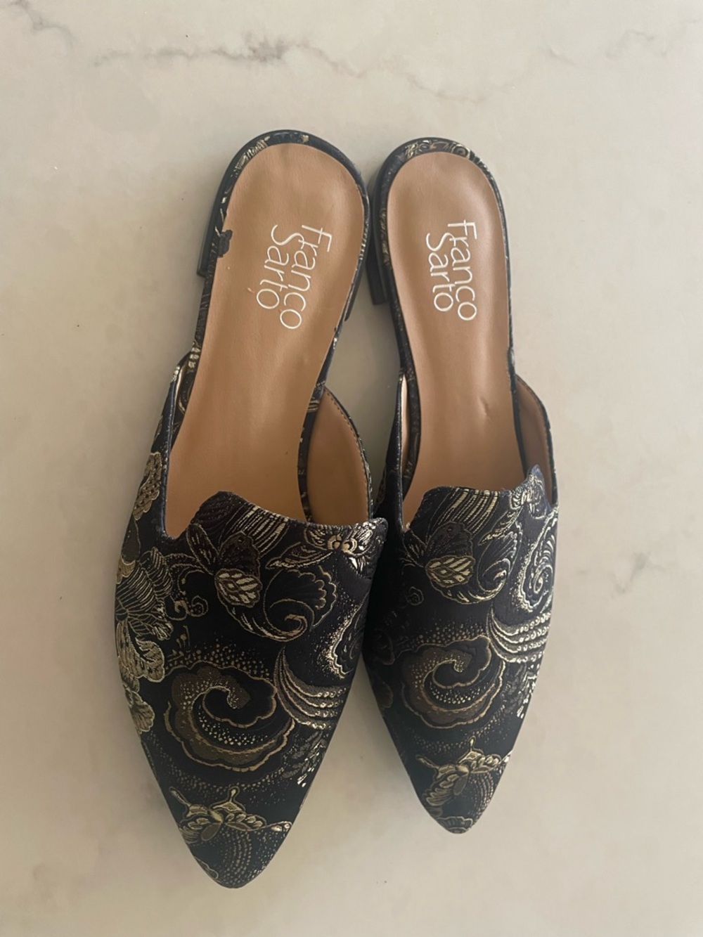 Franco Sarto Black and Gold Paisley Embroidered Slip-On Mules - Picture 2 of 5